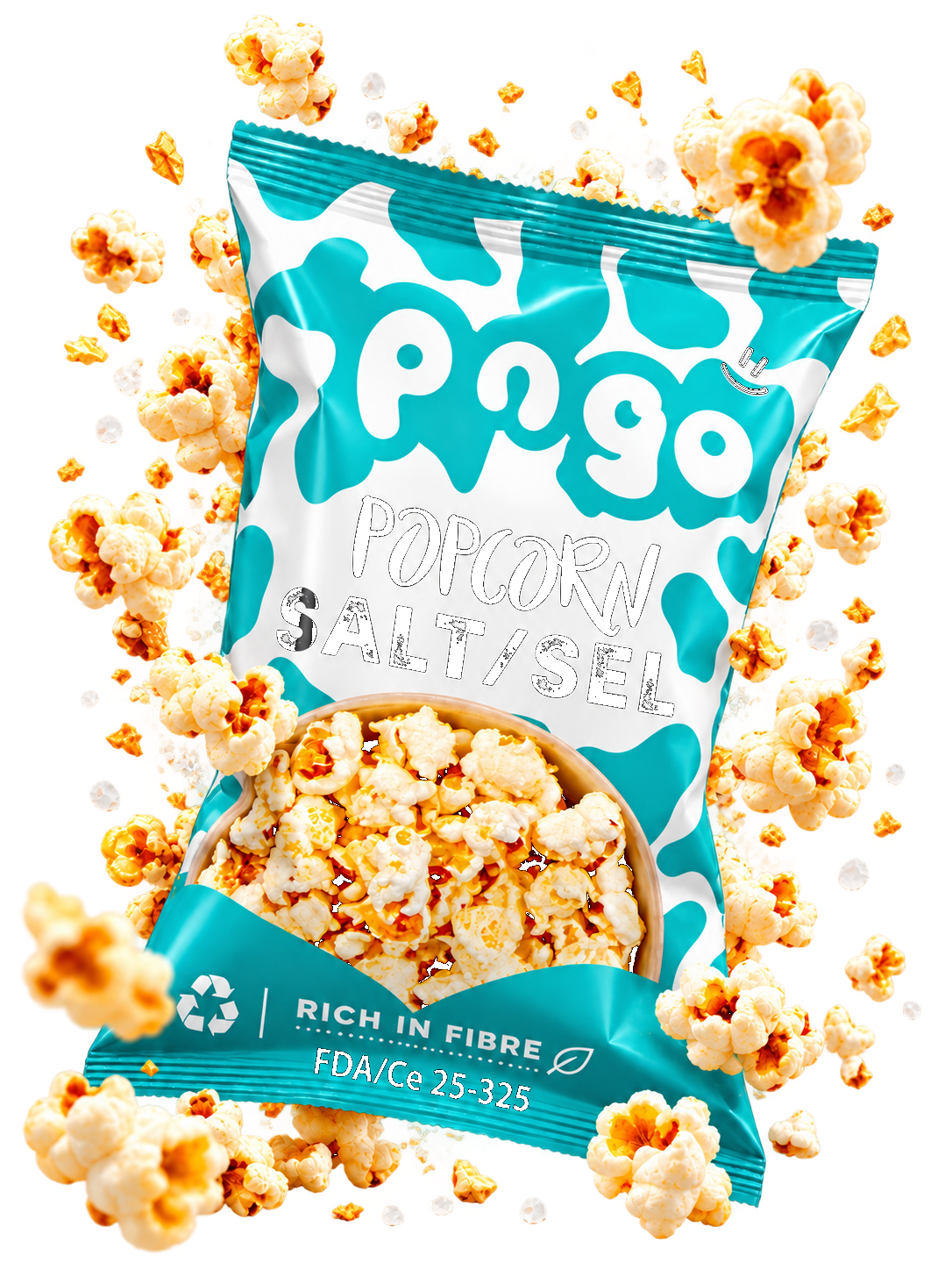 Pop n Go Salt Popcorn bag with popcorn bursting around it